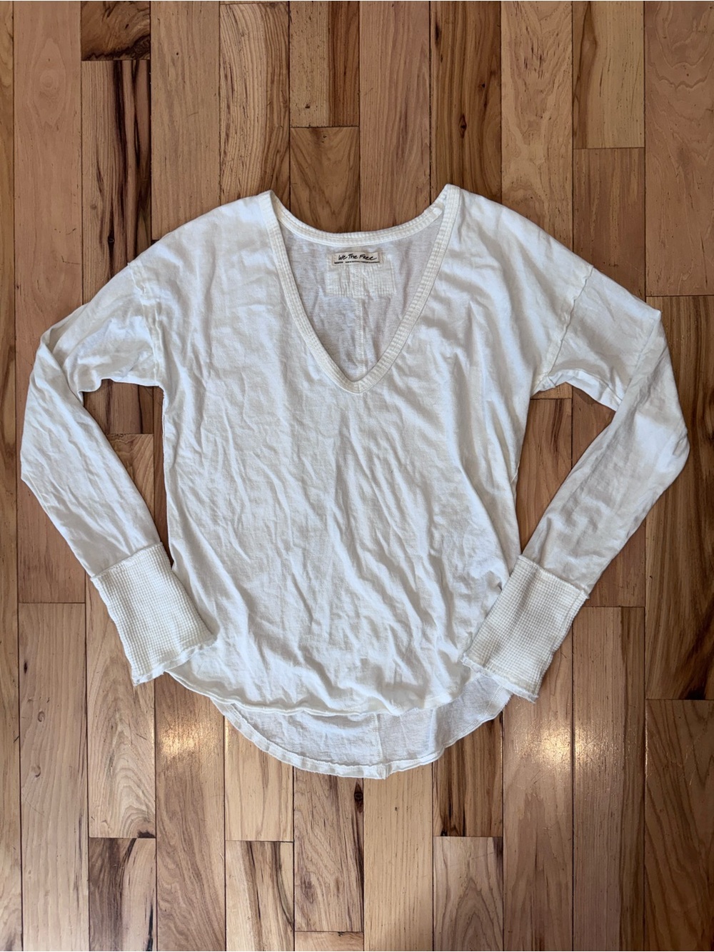 Free People White V Neck Long Sleeve With Waffle Knit Detail